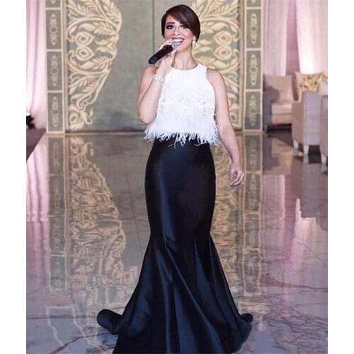 Satin Feathers Prom Dresses Two Pieces Floor-Length White Black Celebrity Dresses Mermaid Sleeveless Floor-Length Evening Gowns