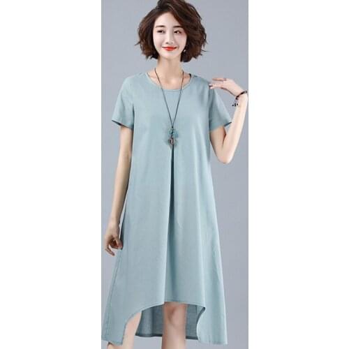 Cotton and Linen O-Neck dress 2019 Summer new Casual Knee-Length women Solid color Linen Short sleeve Straight dress women