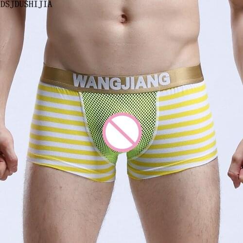 Sexy Gay Mesh Underwear Transparent Boxers Fetish Pouch Boxer Shorts Trunks Sexy Men Hollow Out Striped Underwear Underpants New