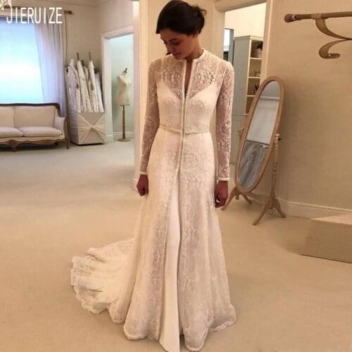 JIERUIZE Vintage Two Pieces Wedding Dresses Long Sleeves Half High Neck Illusion Back Arabic Lace Bridal Gowns vestido de noiva