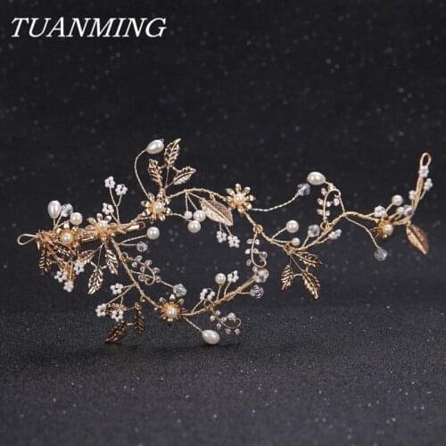 Golden Leaf Pearl Women Headband Brider Tiara Handmade Pearl Hair Clips Wedding Headdress Plant Hair Bands