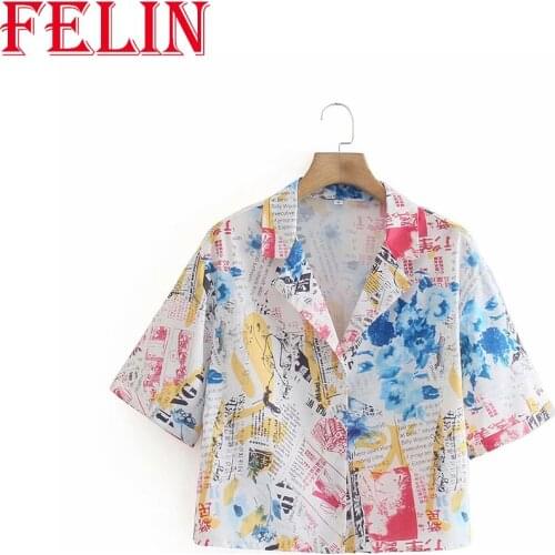 FELIN 2021 Womens Short Sleeve Shirt Summer Graffiti V-Neck Short T-Shirt V-Neck Casual Shirt Chic Short Tops Mujer Saco