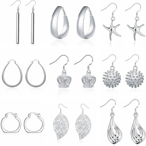 Silver Color Simple Geometric Punk Rock Dangle Earrings for Women Square Water Drop Crown Leaf Hanging Earings