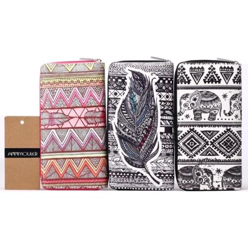 Annmouler Women Wallet Pu Leather Coin Purse Elephant Print Long Size Money Purse Zipper Card Holders Handbag Bolsa Feminina