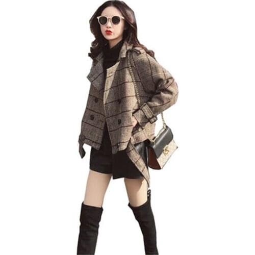 New spring and autumn plaid woolen coat BF Harajuku loose short paragraph casual temperament comfortable simple womens clothing