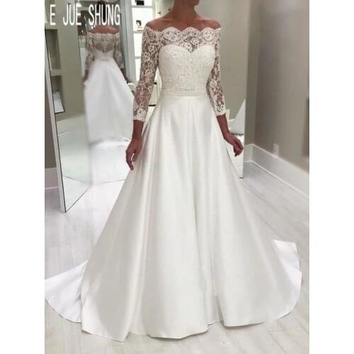 E JUE SHUNG Classic A Line Wedding Dresses Off Shoulder Illusion Long Sleeve Button Back Vestido De Novia Bridal Gowns Custom