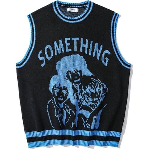 KIOVNO Men Hip Hop Cartoon Sweater Vest Streetwear Pattern Printed Waistcoats For Male O Neck Harakuju