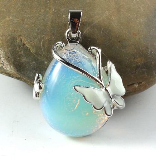100-Unique 1 Pcs Silver Plated Water Drop Pendant For Anniversary Gift Opalite Opal with Butterfly Jewelry