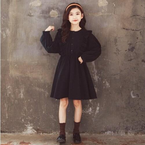 2020 New Children Korean Ruffles Dress Teen Girls Long-Sleeved Black Elegant Party Dresses Kids Autumn Clothing Fashion, #1091