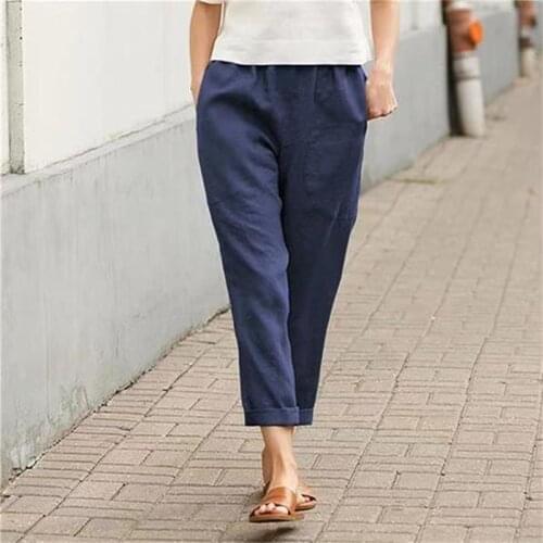 2021 Womens Big Pocket Solid Color Comfortable Pants Cotton Linen Casual Pants Straight Trousers Womens Clothing