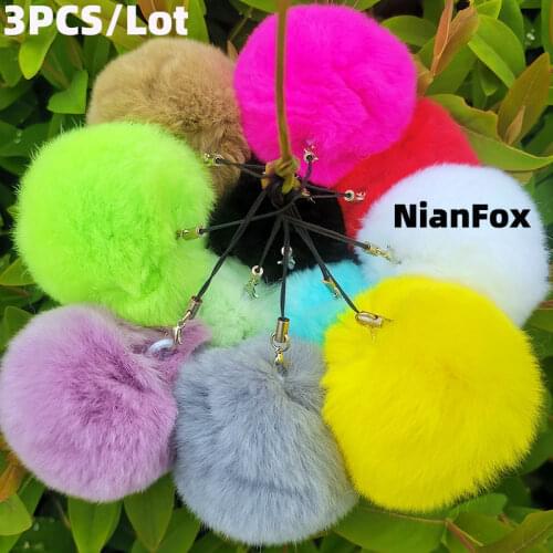 3Pcs Real Fur Pompoms keychain Cute Rabbit Pompom Keyring Furry Pom Poms Push balls Phonekeychain Accessories For A Woman Women