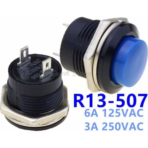 5pcs R13-507 Blue Color Momentary Push Button Switch OFF-ON Reset Switch 16MM 3A 250V AC Non Locking Switches Round Button