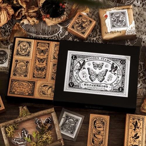 9Pcs/Set Vintage Mushroom Swallow Decoration Stamp Wooden Rubber Stamps For Scrapbooking Stationery DIY Craft Standard Stamp