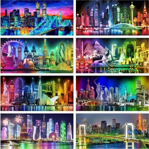 Huacan 5D Diamond Art Painting Embroidery Night City Diamond Mosaic Cross Stitch Kits Landscape Rhinestone Pictures Home Decor