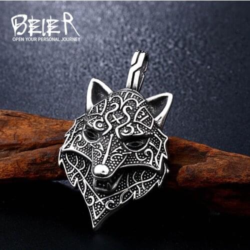 Beier new store 316L Stainless Steel Viking Wolf man Pendant Necklace Punk Print Black Eyes High Quality Jewelry LLBP8-354P