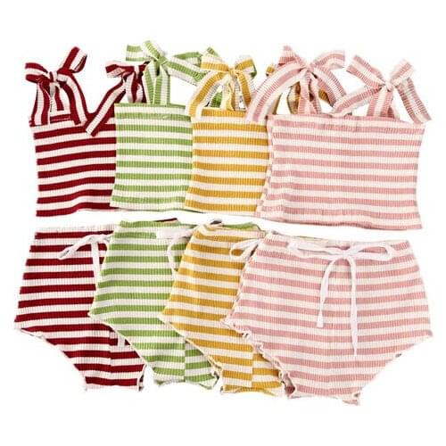Toddler Baby Girl Stripe Knited Clothes Sets Tie-up Shoulder Strap Tube Top + High Waist Short Bottom 2 Piece Stylish Outfits