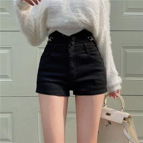 Women Sexy Lock Catch Denim Shorts Streetwear Female Hot Shorts Jeans Femme 2021 Spring Vintage High Split Waist