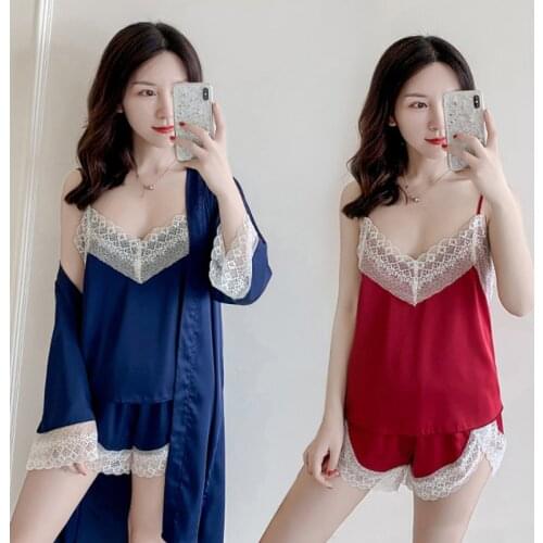 3 Pieces Ladies Sexy Silk Satin Robe Pajama Set Lace Sleepwear Set Summer Nightwear Set For Women