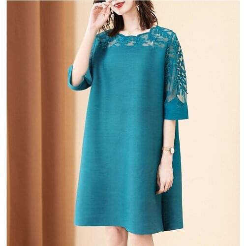 HOT SELLING Miyake fold half sleeve Metal sheet Net Yarn Metal sheet Straight dress IN STOCK