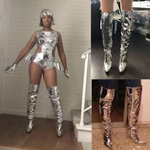 Fashion Bright PU Mirror Party High Heels Women ShoesPointed Toe Footwear 2021 Plus Size Over The Knee Boots Boot Zip Shoes 43