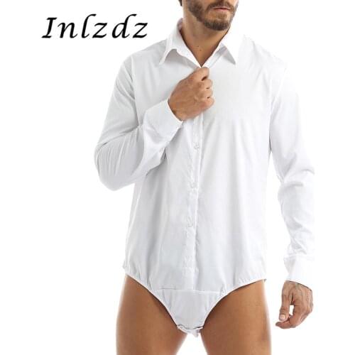 Mens Casual Office Bodysuit Shirt Tops One-piece Turn-down Collar Long Sleeves Button Down Bodysuit Romper Corset Shirts