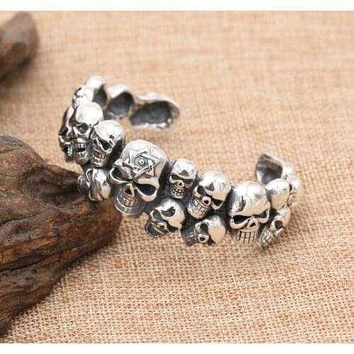 Wholesale S925 Sterling Silver Jewelry Retro Thai Silver Domineering Men Skull Skeleton Fashion Punk Wind Open Ended Bangle