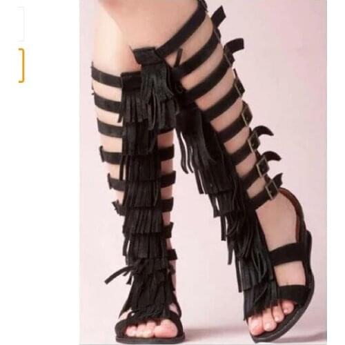 Newest Black Tassel Suede Leather Fringe Knee High Sandals Boots Flat heel Gladiator Sandals Boot Women Summer Shoes