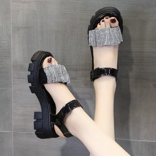 2021 New Summer Rhinestone Roman Sandals Womens Thick-soled Fish Mouth Beach Shoes Platform Bottom Sports Open Toe Daddy Shoes