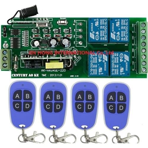 4CH Wide Voltage 85V~250V 110V 220V RF Wireless Remote Control Relay Switch Receiver & 4PCS Blue Transmitters For Garage Doors