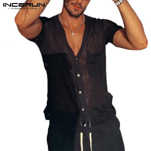 Men Leisure Printed Shirt INCERUN Short Sleeve V Neck Mesh Blouse Summer Man Breathable See Through Camisa Casual Button Blusas
