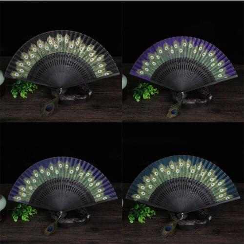 Chinese Style Peacock Patterned Hand Fans Vintage Imitation Silk Handheld Folding Fan with Bamboo Frame for Dancing M17D