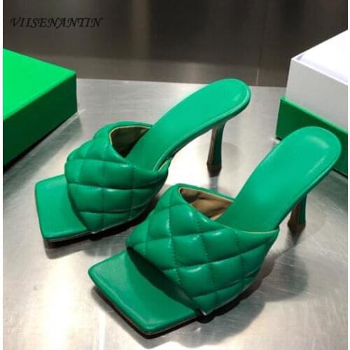 Sheepskin open toe European and American high-heeled sandals 2021 summer diamond lattice square head leather slippers