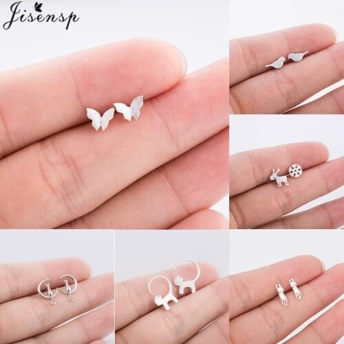 Jisensp 925 Sterling Silver Earrings Korean Fashion Creative Butterfly Bird Cat Stud Earrings for Women Wedding Jewelry Gift