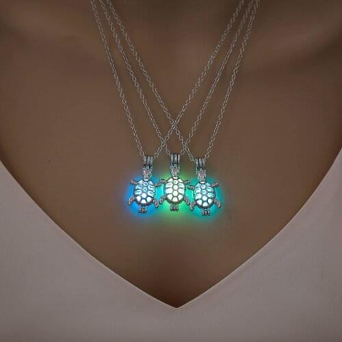 Glow in the Dark Necklace Jewelry with Silver Color Tortoise Shaped Locket Pendant Luminous Stone Glowing Necklace for Women