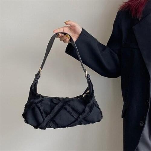 Vintage canvas handbag Women Underarm Bag Fashion Ladies black Color Small Shoulder Bags Female Armpit Bag Baguette Handbags