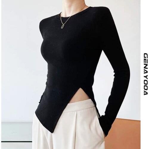 Genayooa Long Sleeve Women Tshirt 2021 Autumn Spring Solid O Neck Elastic Split Fork T-shirt Women Clothes Korean Tops Harajuku