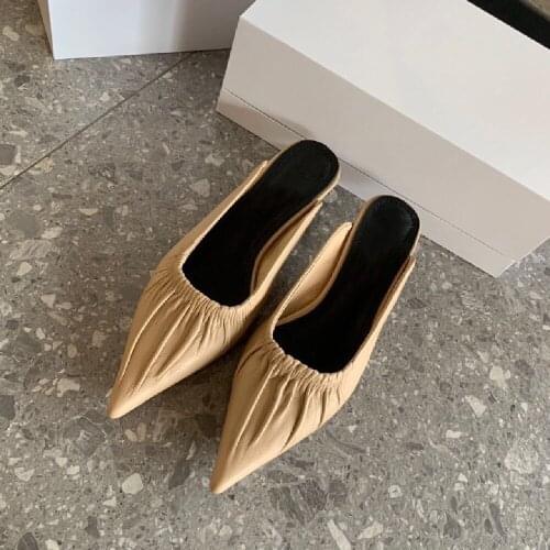 New Brand Womens Shoes Genuine Leather Womens Slippers Pointed Toes Low Heels Womens Slippers Shoes Slip On Summer Shoes