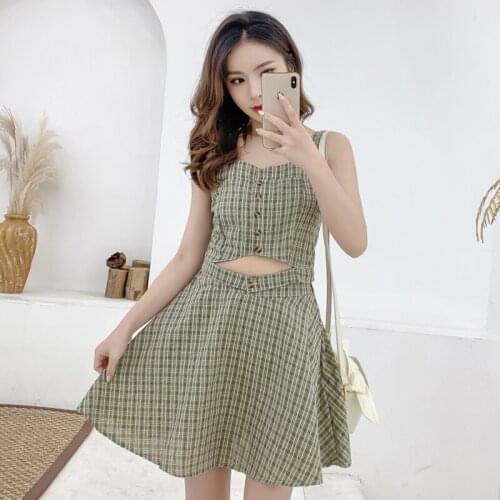 2019 New French Suit Womens Summer Plaid Single-breasted Sling Top + High Waist Slimming Skirt Dress Two-piece Set