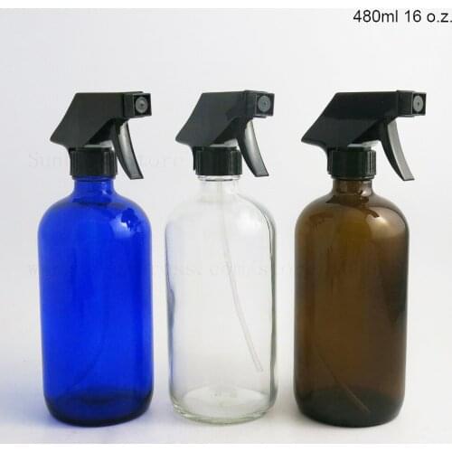 16 oz Blue Clear Amber Glass Round Bottle with Black Trigger Spraying for Essential Oils 480ml Large Irrigation Spray Container