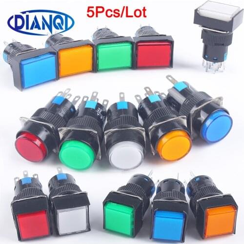 5pcs/Lot 16MM 12V24V220V 1NO1NC/2NO2NC momentary no Latching lamp Illuminuted Maintained Push Button Switches with light/NO LED