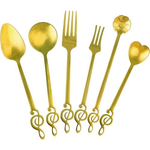 6PCS Stainless Steel Coffee Spoon Tableware Assorted Music Note Dessert Fork Tea Spoon Bar Spoon Cake Tableware Coxeer