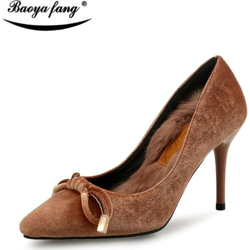 BaoYaFang New Short Plush Winter High heels Pumps woman single shoes Ladies party dress shoes Warm Wedding shoes red sole