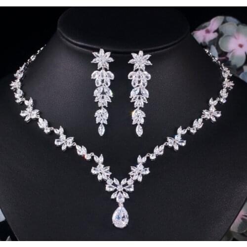 CWWZircons Sparkling Water Drop Women Wedding Jewellery Set Cubic Zirconia Flower Necklace Earring Luxury Bridal Jewelry T451