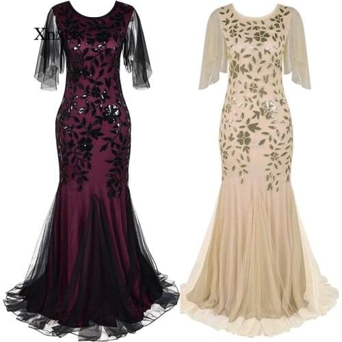 O-Neck Sequin Long Dress Short-Sleeve Tulle Embroider Evening Dress Elegant Mermaid Vintage 1920S Party Dress Bodycon Clothing