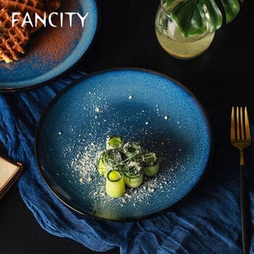 FANCITY Household ceramic dish plate shallow dish tableware plate salad steak dinner plate western food flat plate dish kiln