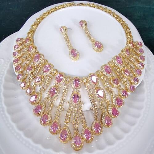 2020 NEW FASHION luxury re pink green champagne water drop zircon necklace earring set,wedding bride party dress banquet jewelry