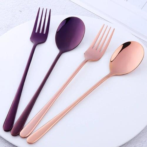 2Pcs Dinnerware Set 8 Colors Korean Fork Spoon Set Stainless Steel Tableware Rainbow Fork Dessert Spoon