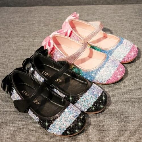 Girls Leather Shoes Kids Bow Sequined Rubber Sole Princess Shoes Children Birthday Party Unicorn Shoes 6-16 Years