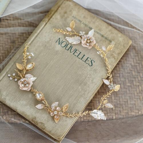 Beautiful White Enamel Headband Rose Flower Hair Comb Bridal Crown Hair Accessories Gold Copper Leaf Hairpin Set