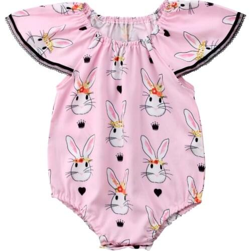 Summer Baby Girls Clothes Cute Ruffles Sleeve Bodysuit jumpsuit Pink Bunny Sunsuit Size 0-18M